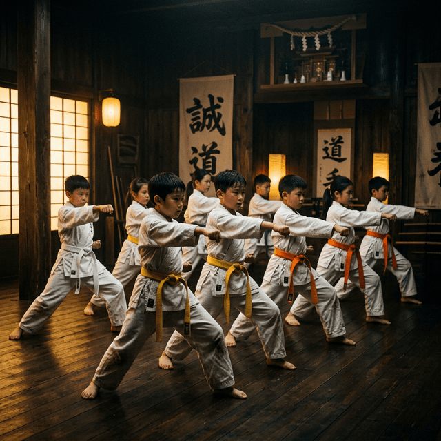 Kids training karate with focus and discipline